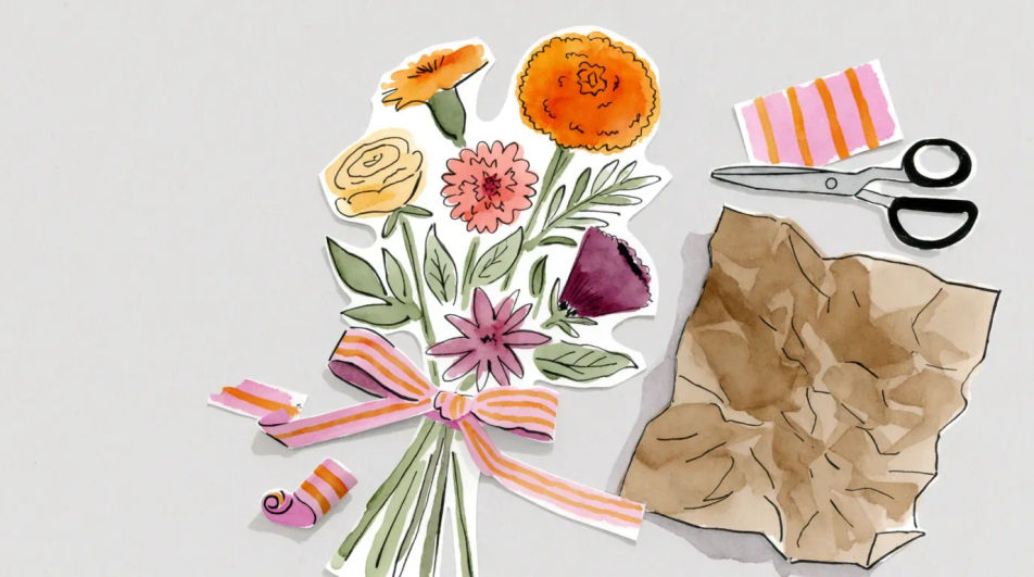 Flat lay with ribbon and paper