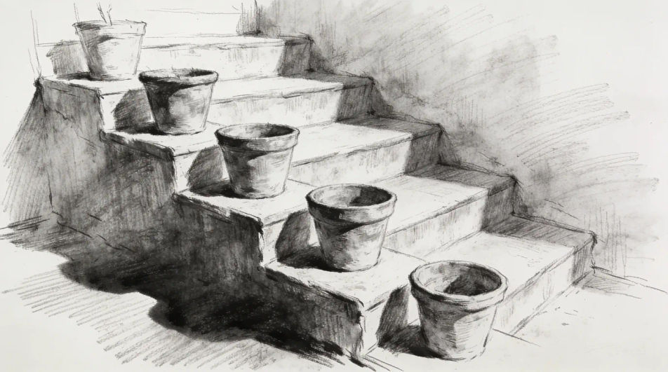 Row of pots on steps