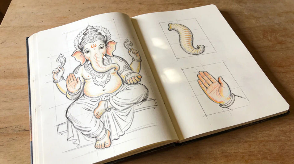 Ganesh art drawing on a sketchbook page