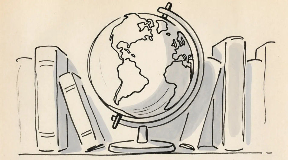 Globe on a shelf in ink and wash