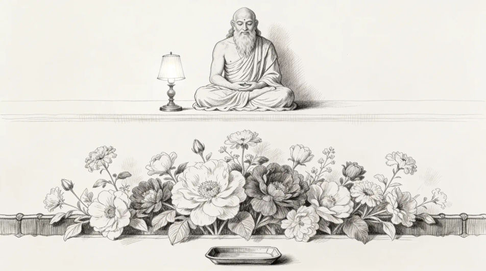 Lamp and offerings at the feet