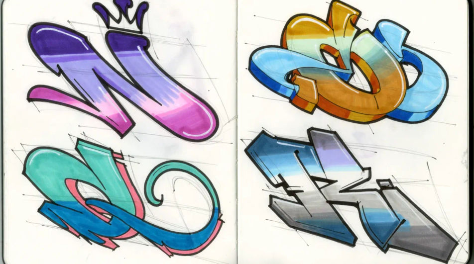 Sketchbook spread with four drafts
