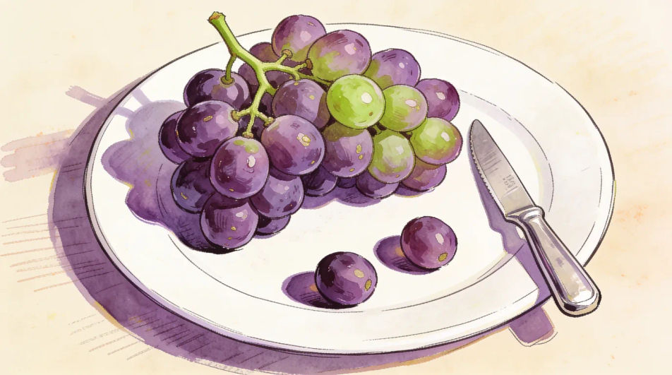 Grapes on a plate with a knife