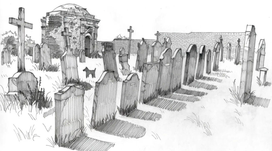 Churchyard row at dusk