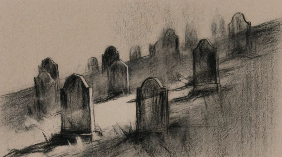 Misty cemetery hillside