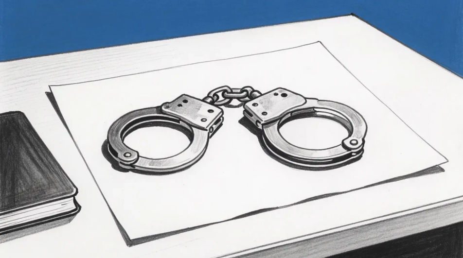 Cuffs on a desk beside a notebook