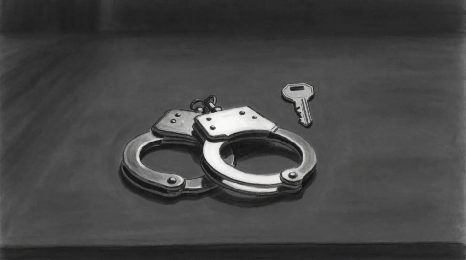 Cuffs and key on a dark surface
