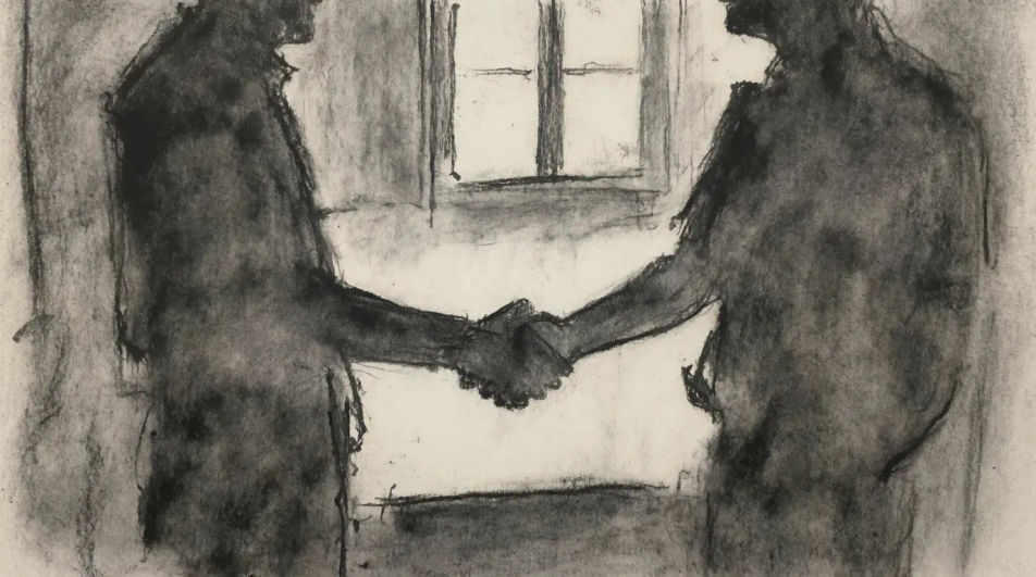 Handshake in silhouette at a window