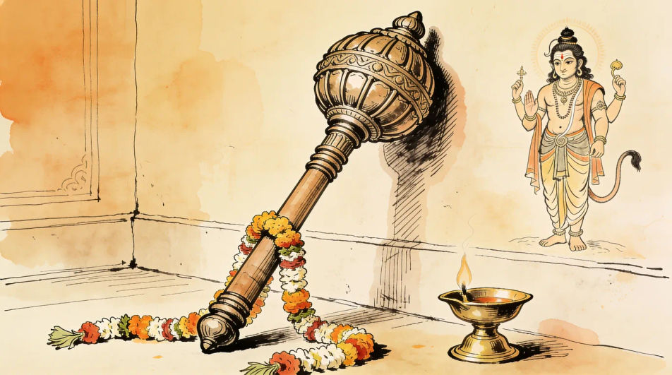 Mace, garland and lamp still life