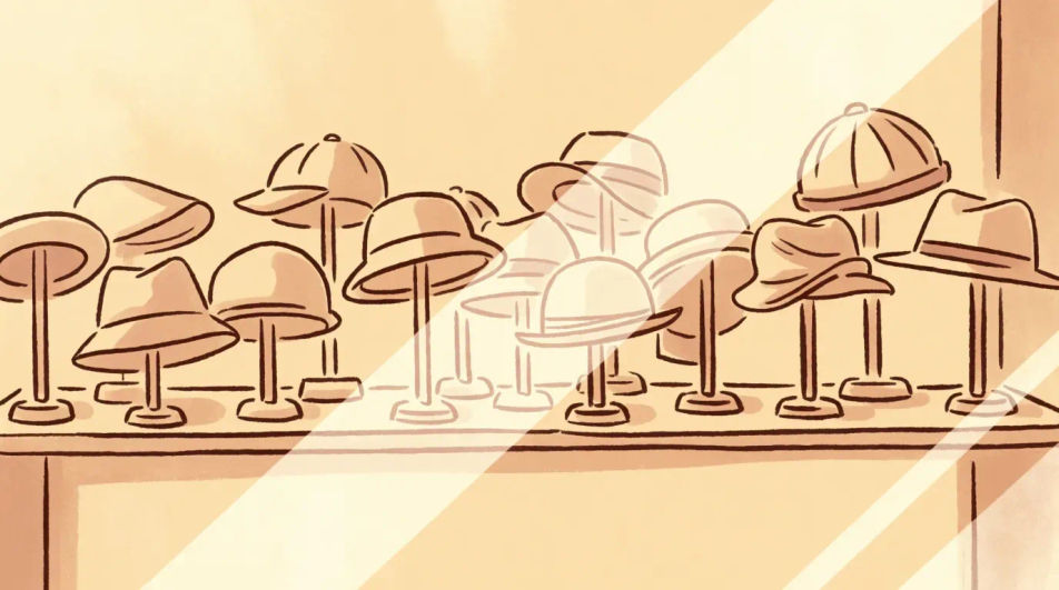 Row of hats in a shop window
