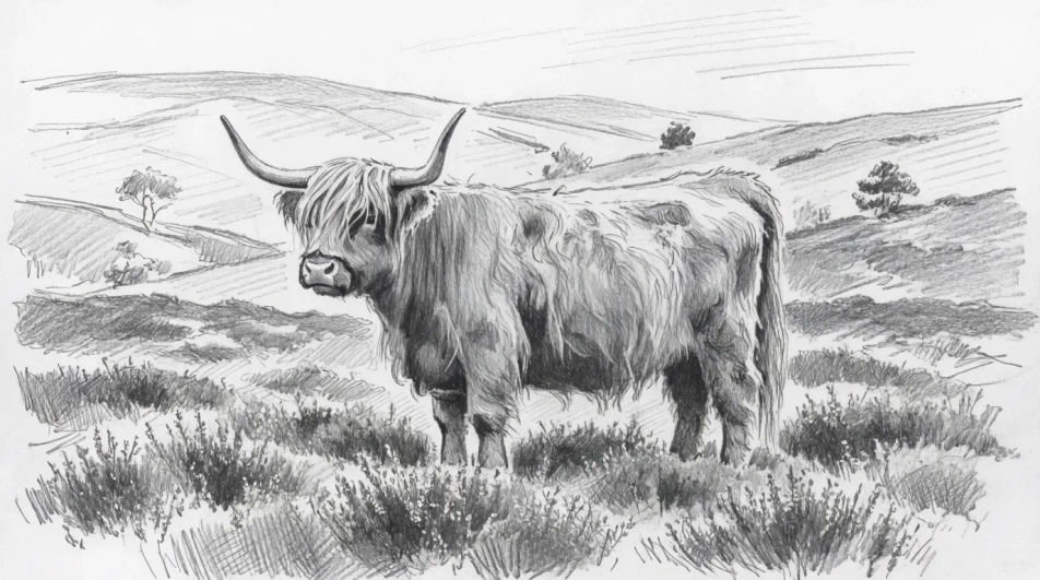 Highland cow on the hillside