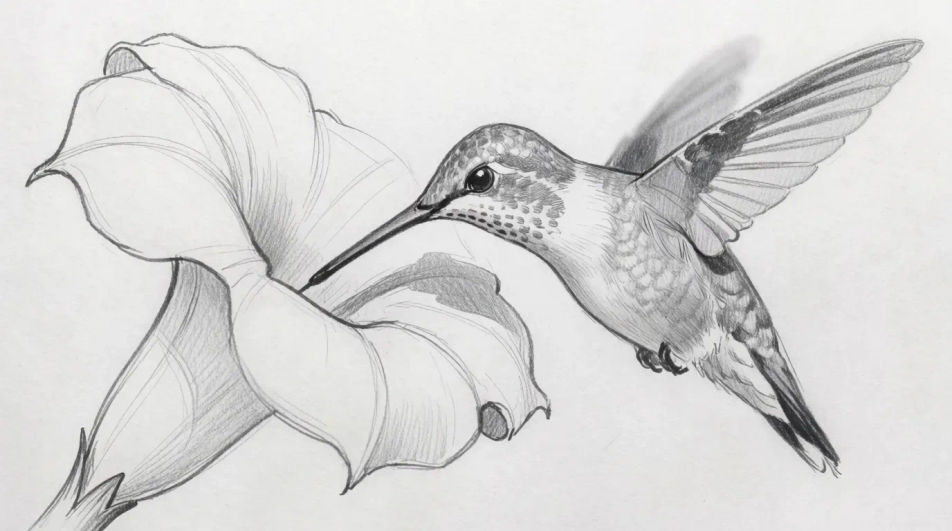 Hummingbird at a trumpet flower