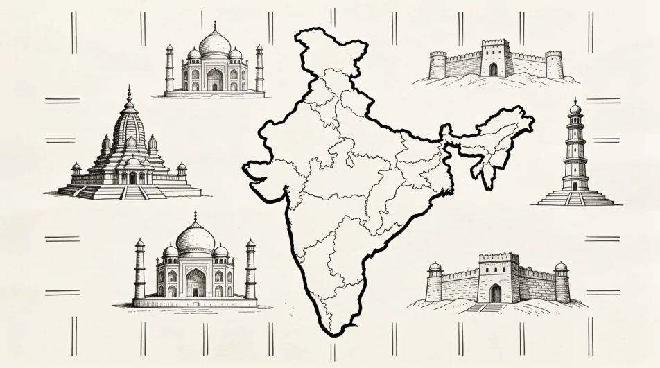 Map with monuments around the border