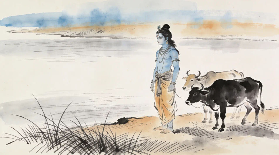 Standing with cows at the riverbank