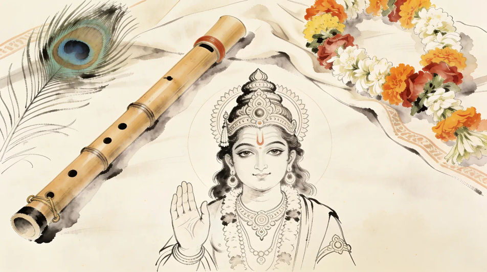 Flute, peacock feather and garland