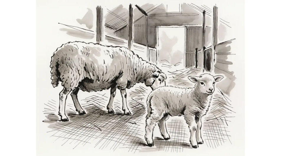 Lamb and ewe in the barn