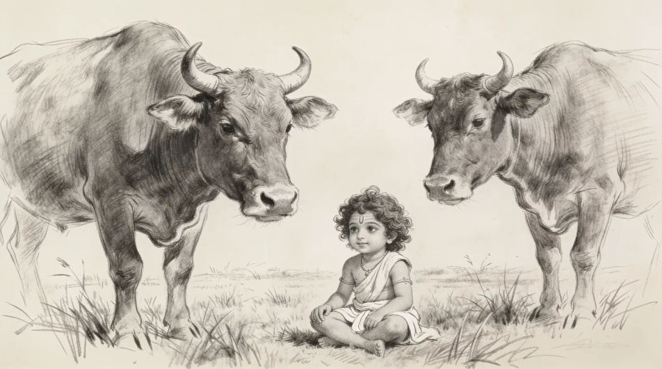 Playing with calves in the field