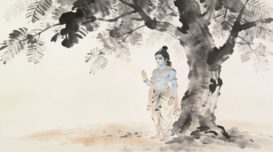 Beneath a broad tree at dusk