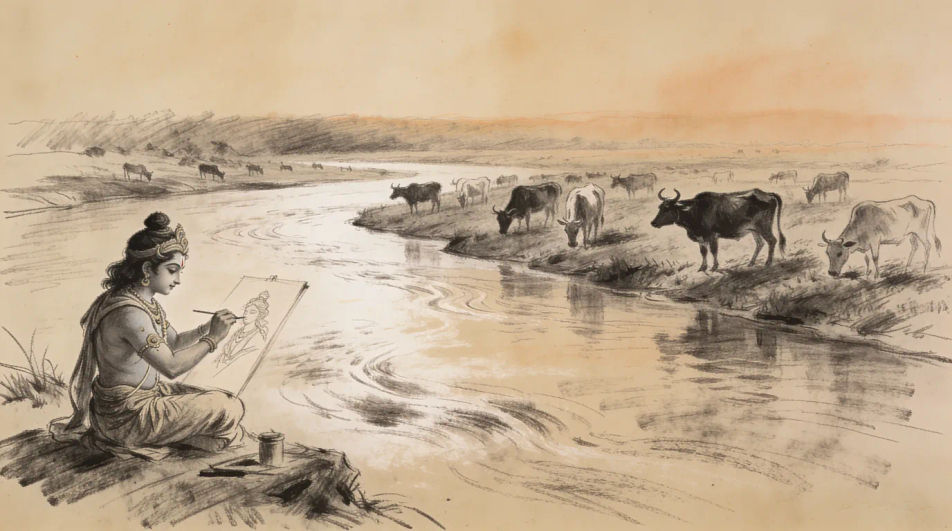 Riverbank with grazing cattle