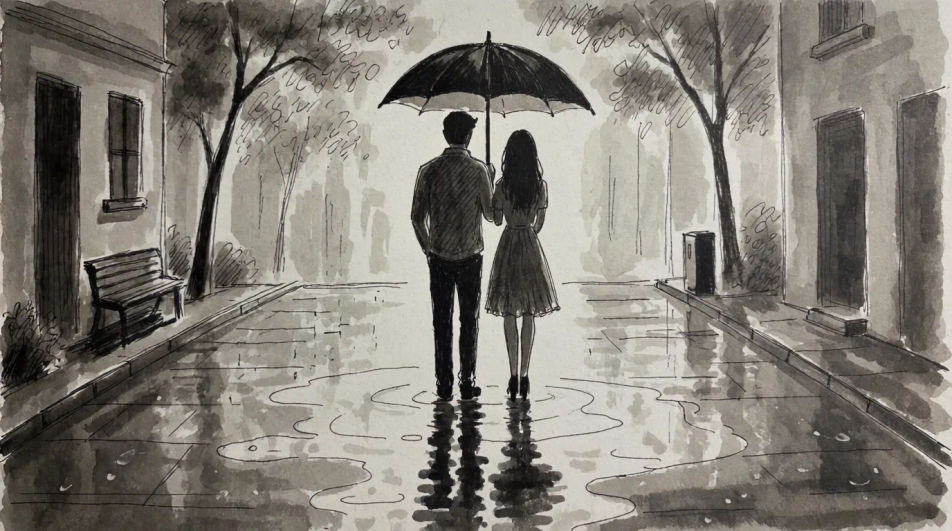 Couple walking in the rain
