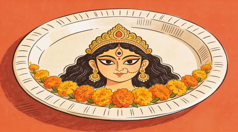 Face above a marigold border