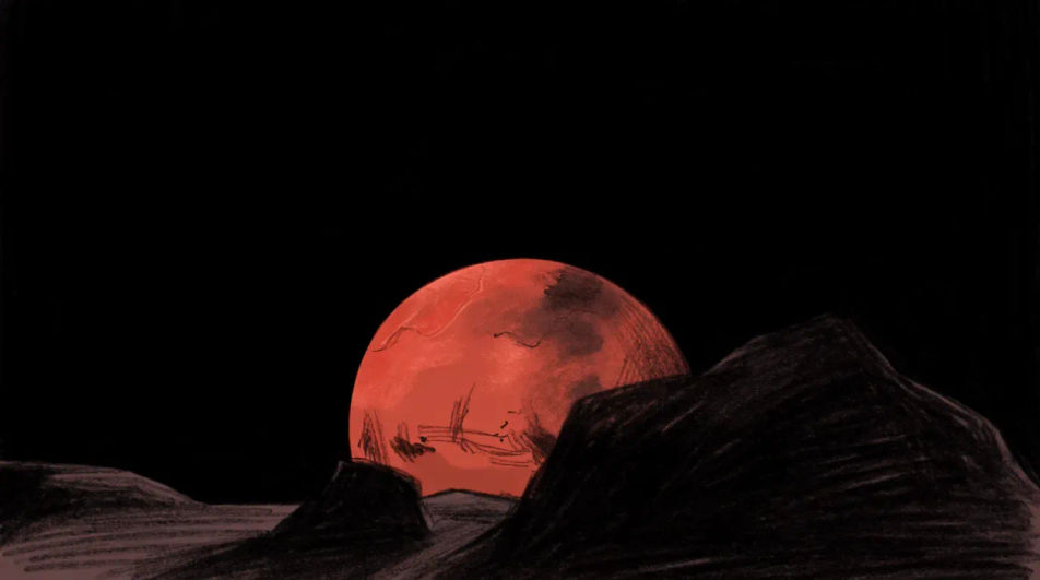 Mars rising over a rocky ridge