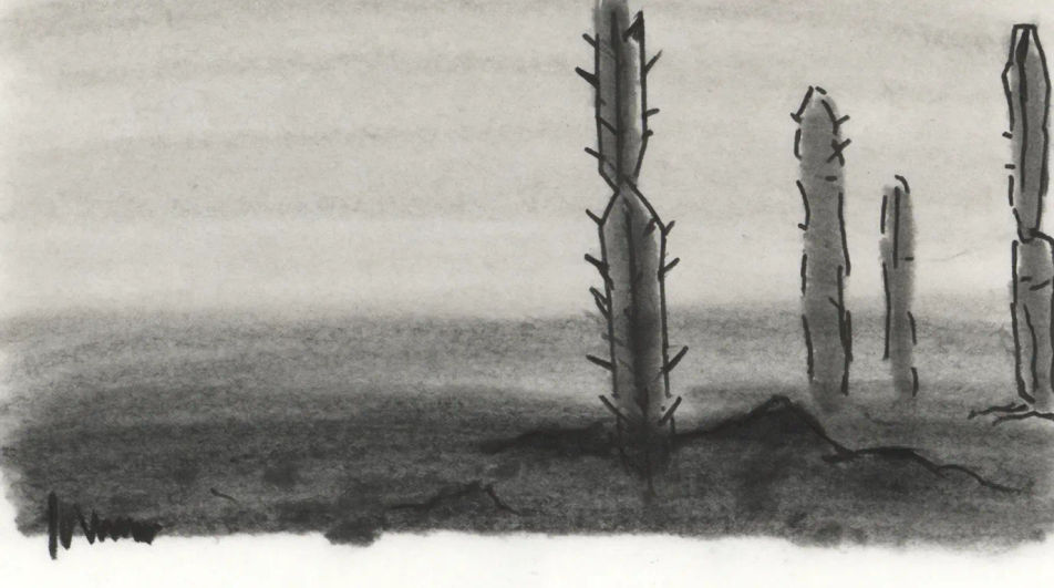 Desert with tall cacti at dusk