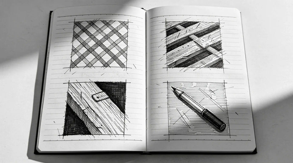 Sketchbook spread in pen