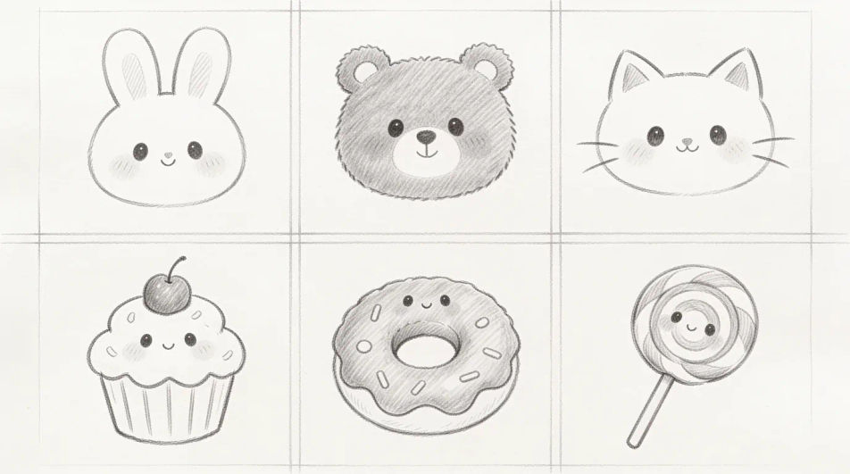 Cute cartoon simple easy pencil drawings in a grid