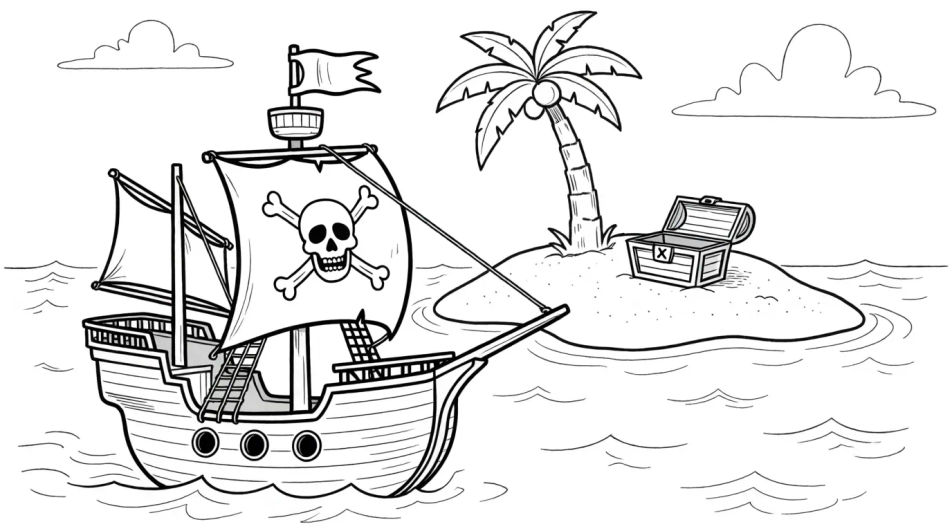 Outline ship and treasure island