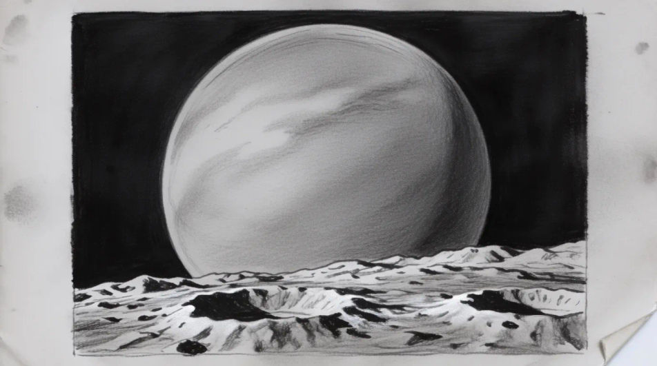 Planet rising over a rocky horizon