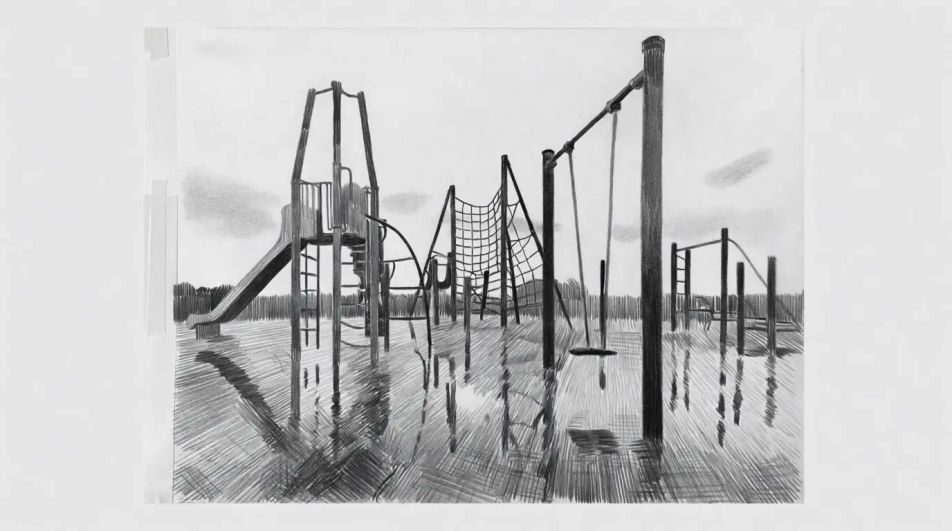 Empty playground in the rain