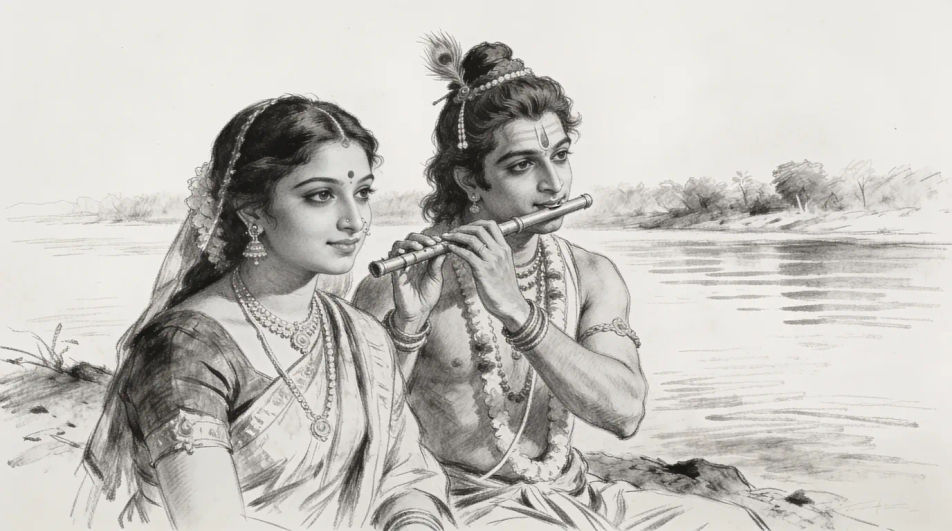 Radha Krishna sketch drawing by the river