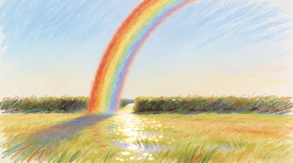 Rainbow over green fields