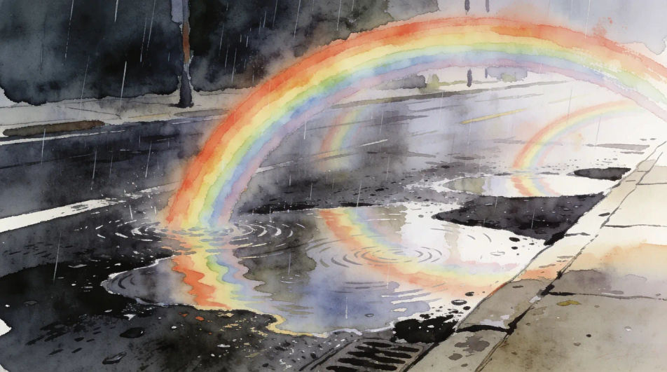 Rainbow after rain in a street