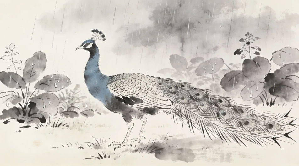 Peacock in the wet garden