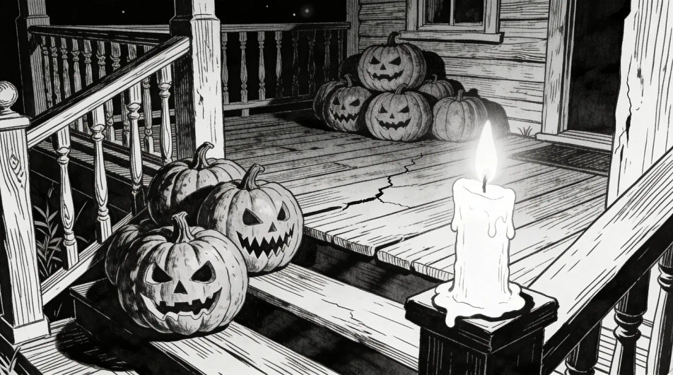 Porch of lit pumpkins