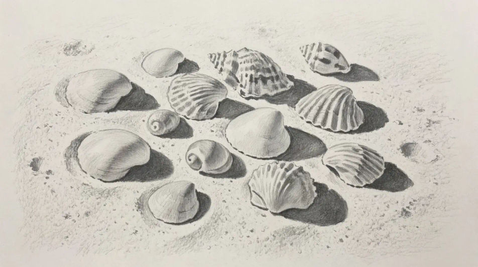 Shells scattered on wet sand