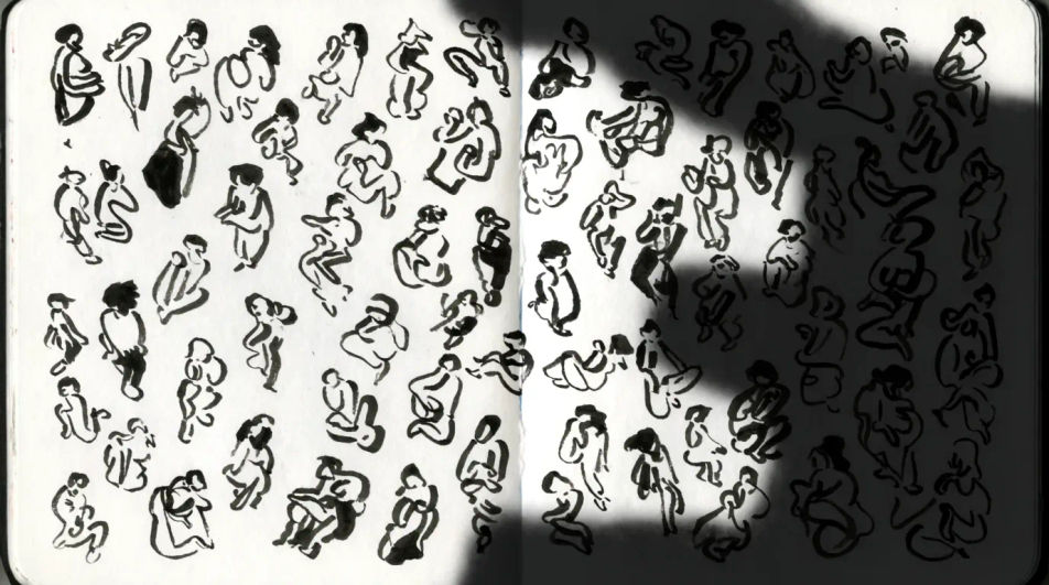 Sketchbook page of small drawings