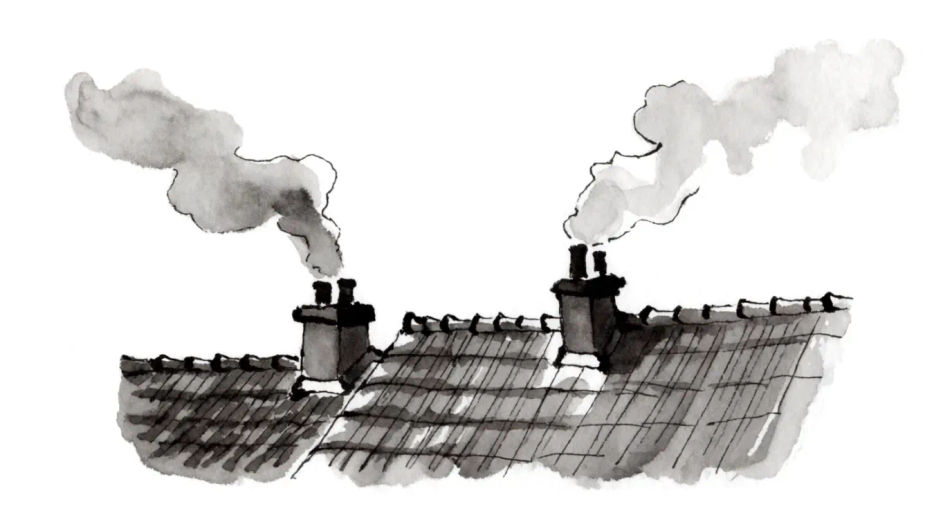 Chimney smoke over rooftops
