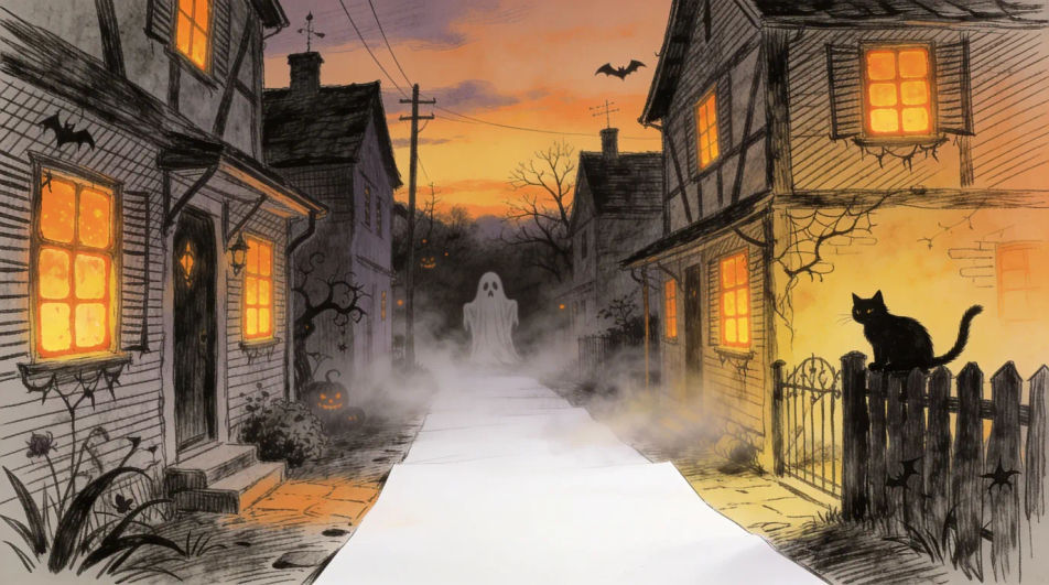 Misted lane of lit windows