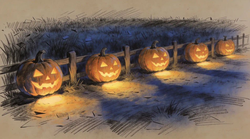 Fence line of carved pumpkins
