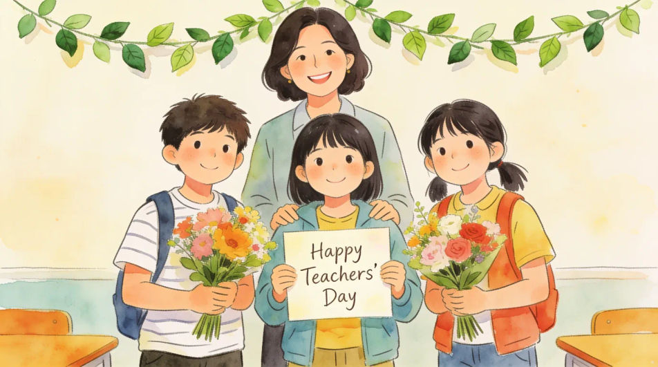 Students presenting flowers