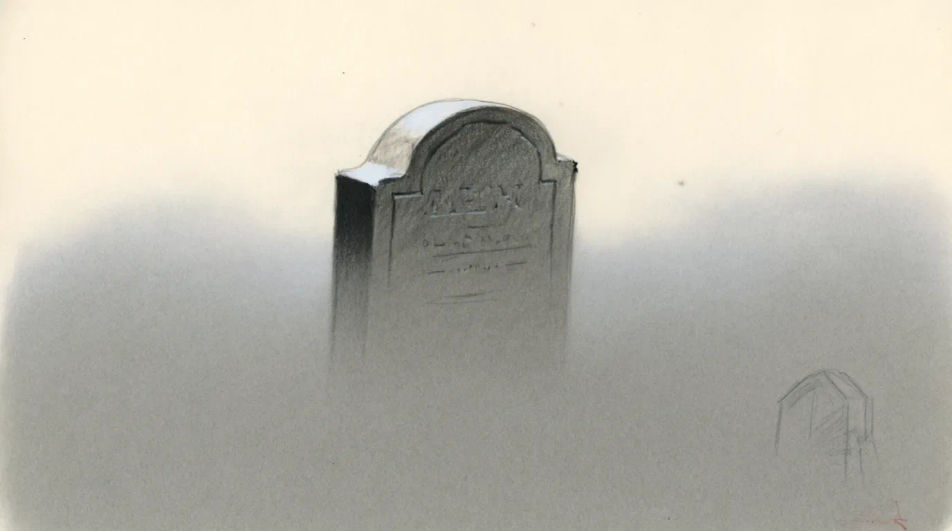 Tombstone in a moonlit fog