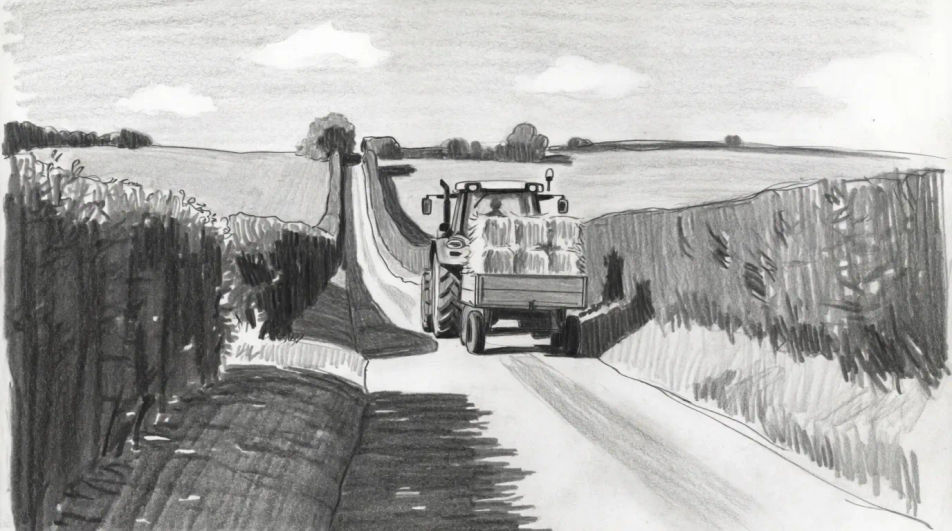 Tractor and trailer on a lane