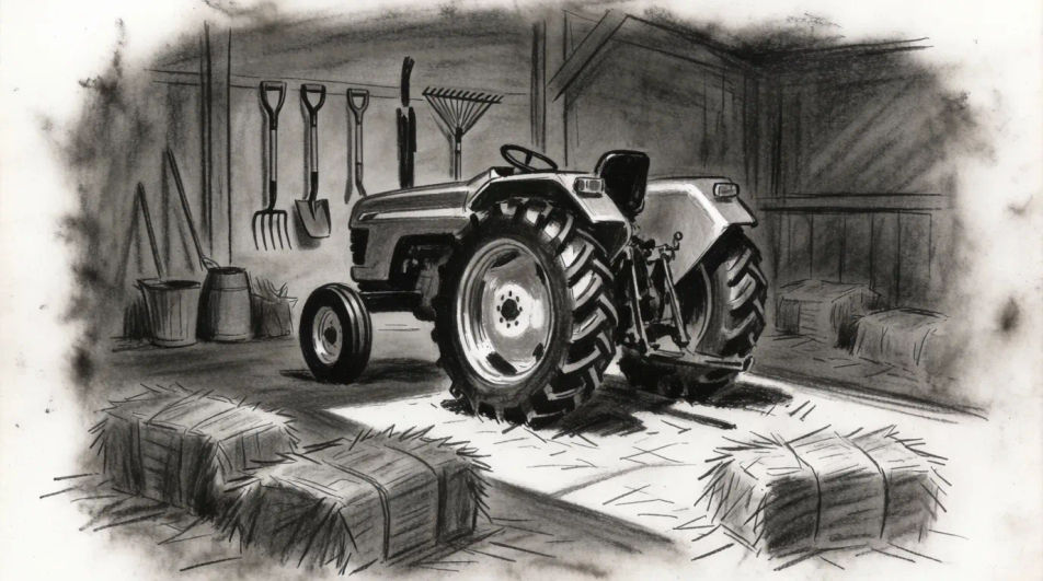 Inside the machinery shed