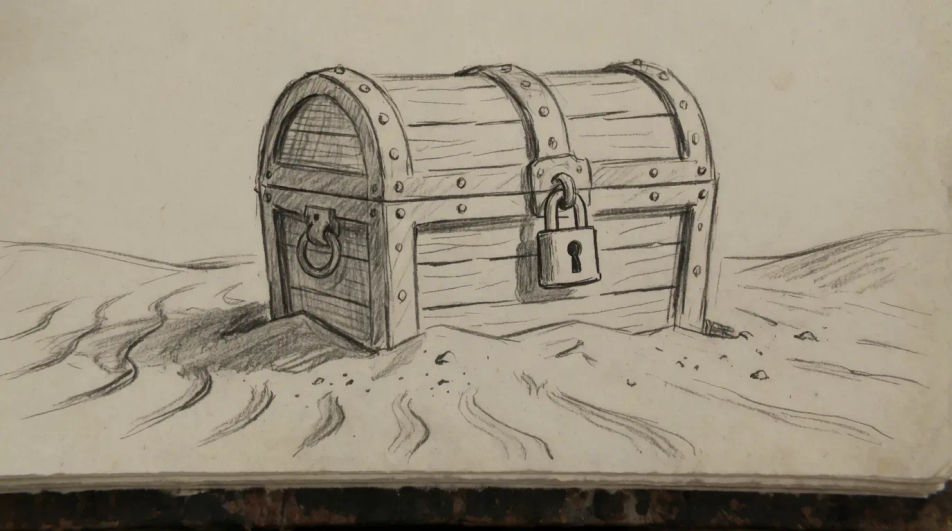 Chest on a beach at low tide