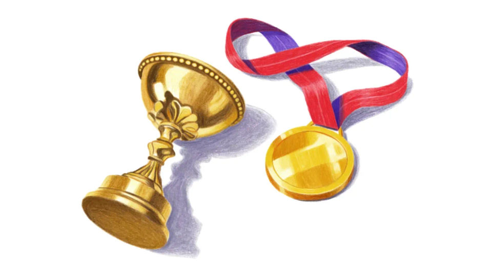 Trophy and medal laid flat