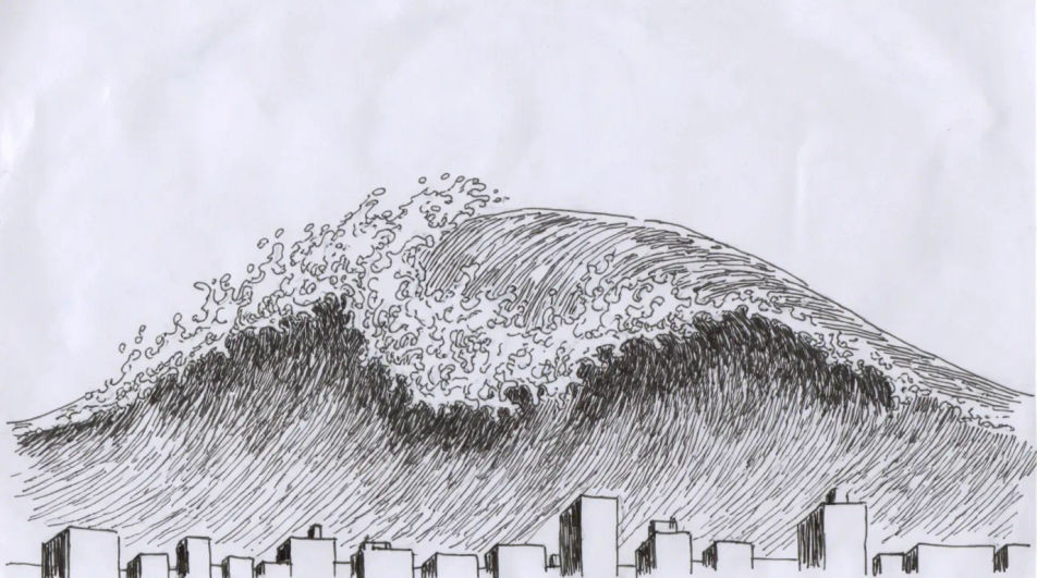 Wave over a coastal town