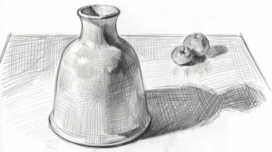 Vase on a table with fruit